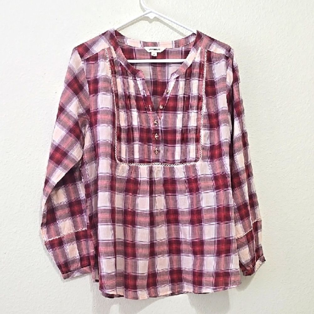 Lucky Brand‎ Boho, Red Plaid Long Sleeve Blouse L